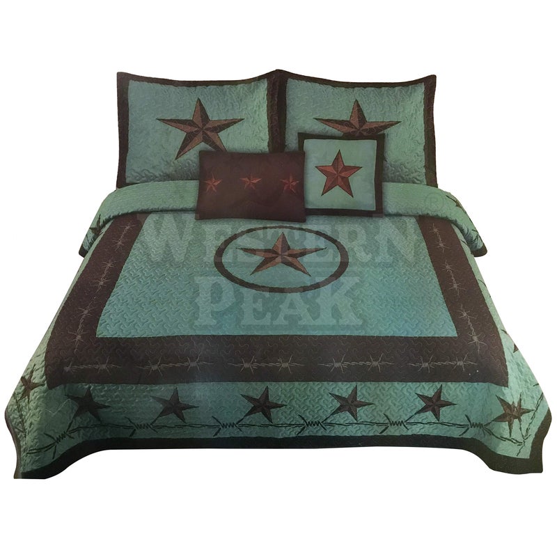 Western Peak 5 Pc Western Texas Cross Lodge Barbed Wire Quilt Bedspread Shams Pillow Oversize Comforter (Turquoise Texas Star, Queen)